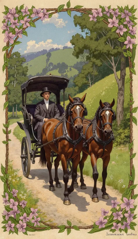 Pre Raphaelite European art style, Gladiolus flowers art nouveau frame.
1 man riding carriage, traveling, moving forward with determination. 2 horses walking.