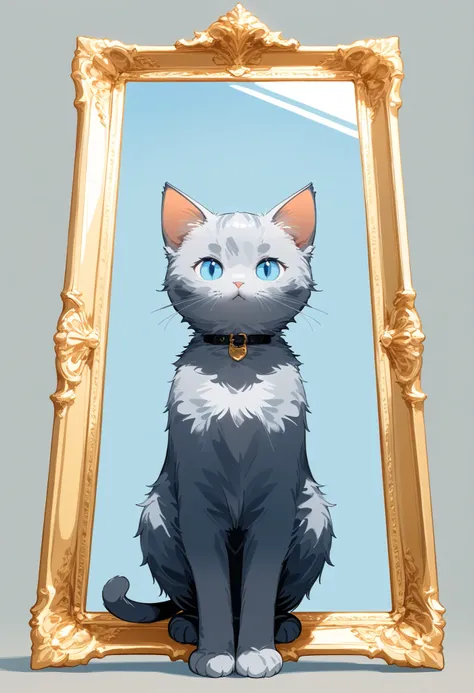 , (masterpiece:1.2), best quality,PIXIV,
1cat,gray fur cat, illustration style, facing front, kitten ,light blue eyes, a light blue background, a composition seen from the front, a composition in which the whole body is reflected in the angle of view,short...