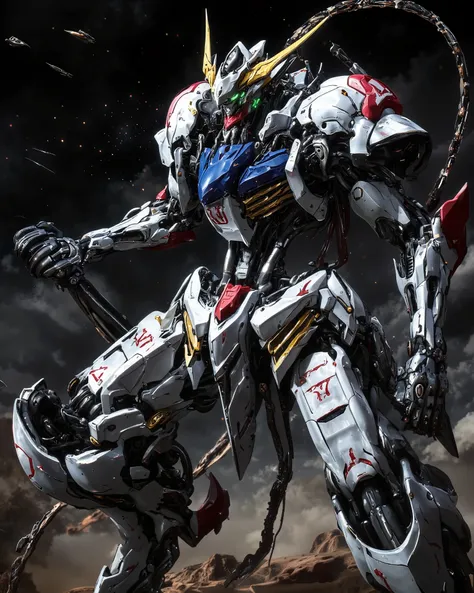 Robot Like Gundam Barbatos ,full body,detailed depiction of high-resolution photorealistic3D rendering style ,hyperrealism art,Mechanical Details of Gundam Barbatos' Face, ,Accurate Proportions of Gundam Barbatos, forward tilting action scene ,Accurate sh...