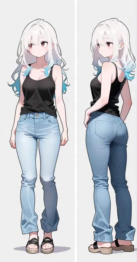 best quality, insanely detailed, absurdres, female, expressionless, looking to the right, long hair,white hair,gradient hair, glamorous, tank top, full body shot, jeans, standing,sandals,へそ出し,