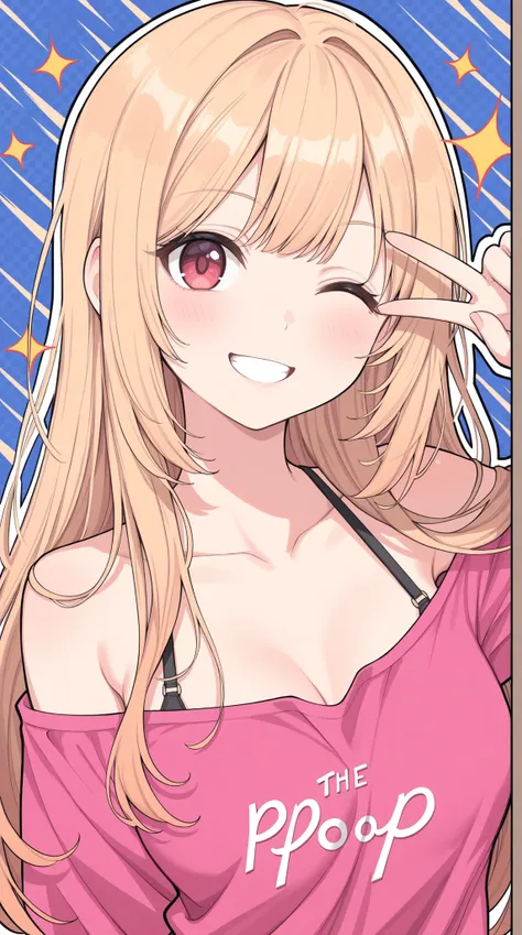 womanhood, Off-the-shoulder shirt, Bra Straps, long hair, wink, Smiling, pop art,