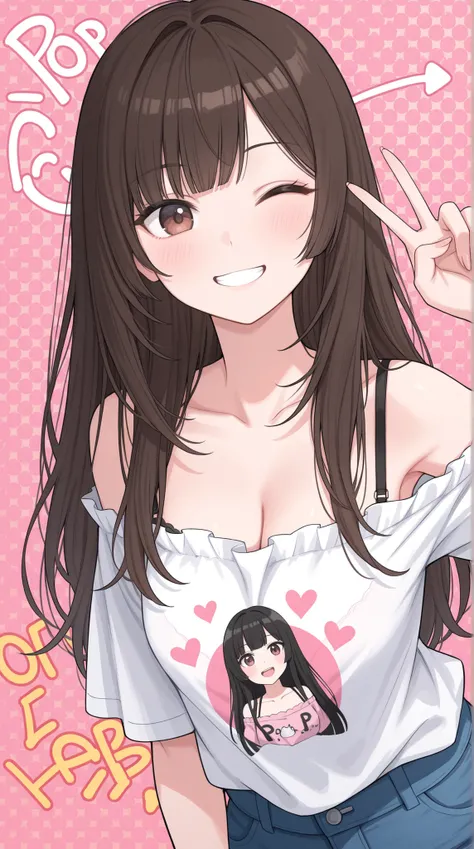 womanhood, Off-the-shoulder shirt, Bra Straps, long hair, wink, Smiling, pop art,