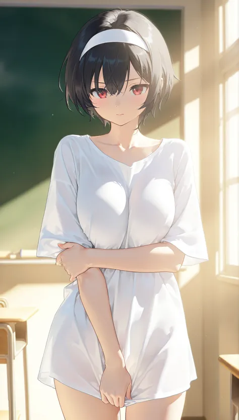 masterpiece, 最High Quality, High Quality, very aesthetic, Dumb Dress, Newest, Scenery, volume lighting, depth, Classroom Glossy Skin,
1 girl, solo, shirt, short hair, 
chest, 
turn your arms around your back, push down, white shirt, red eyes, cowboy shot, ...