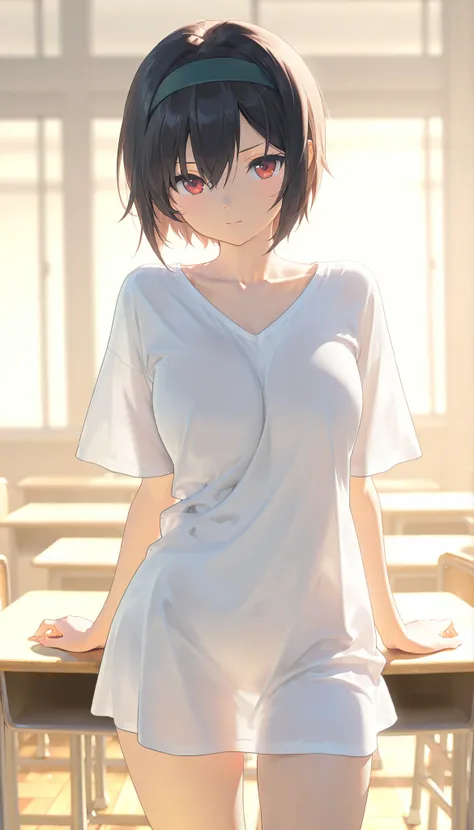 masterpiece, 最High Quality, High Quality, very aesthetic, Dumb Dress, Newest, Scenery, volume lighting, depth, Classroom Glossy Skin,
1 girl, solo, shirt, short hair, 
chest, 
turn your arms around your back, push down, white shirt, red eyes, cowboy shot, ...