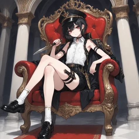 ((Best quality)), ((masterpieces)), (detailed), perfect face, SOLO, ((femboy)), tomgirl, ANIME, beautiful detailed eyes, BOB hair, BOBed hair, black hair, RED EYES, BARE thighs, (((BARE LEG))), ((BLACK short pants)), (((dress shirt))), ((Flat chest)), Chok...
