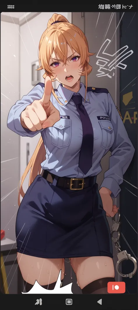 Close mouth, Mature female, fit girl, score_9, score_8_up, score_7_up, score_6_up, score_5_up, score_4_up, BREAK source_anime,1girl,erina nakiri, long hair, orange hair, hair between eyes,(purple eyes), shinny eyes,huge breasts, flashy gyaru,1girl, skirt, ...