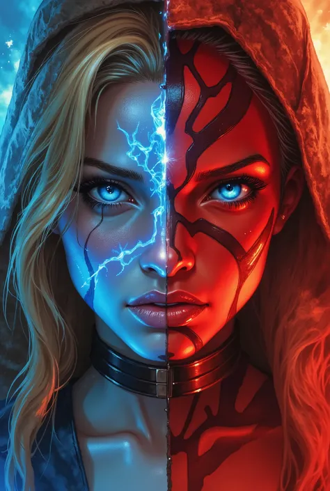 Score_9, score_8_up, score_7_up, ((highest quality)), ((masterpiece)), Perfect Face, (High definition), (Best Shadow), 8k, cinematic. 
Luis Royo's style, sexy art.
Two images in on grid 1x2. 
In the first image there is  a blonde woman, blue eyes, dressed ...