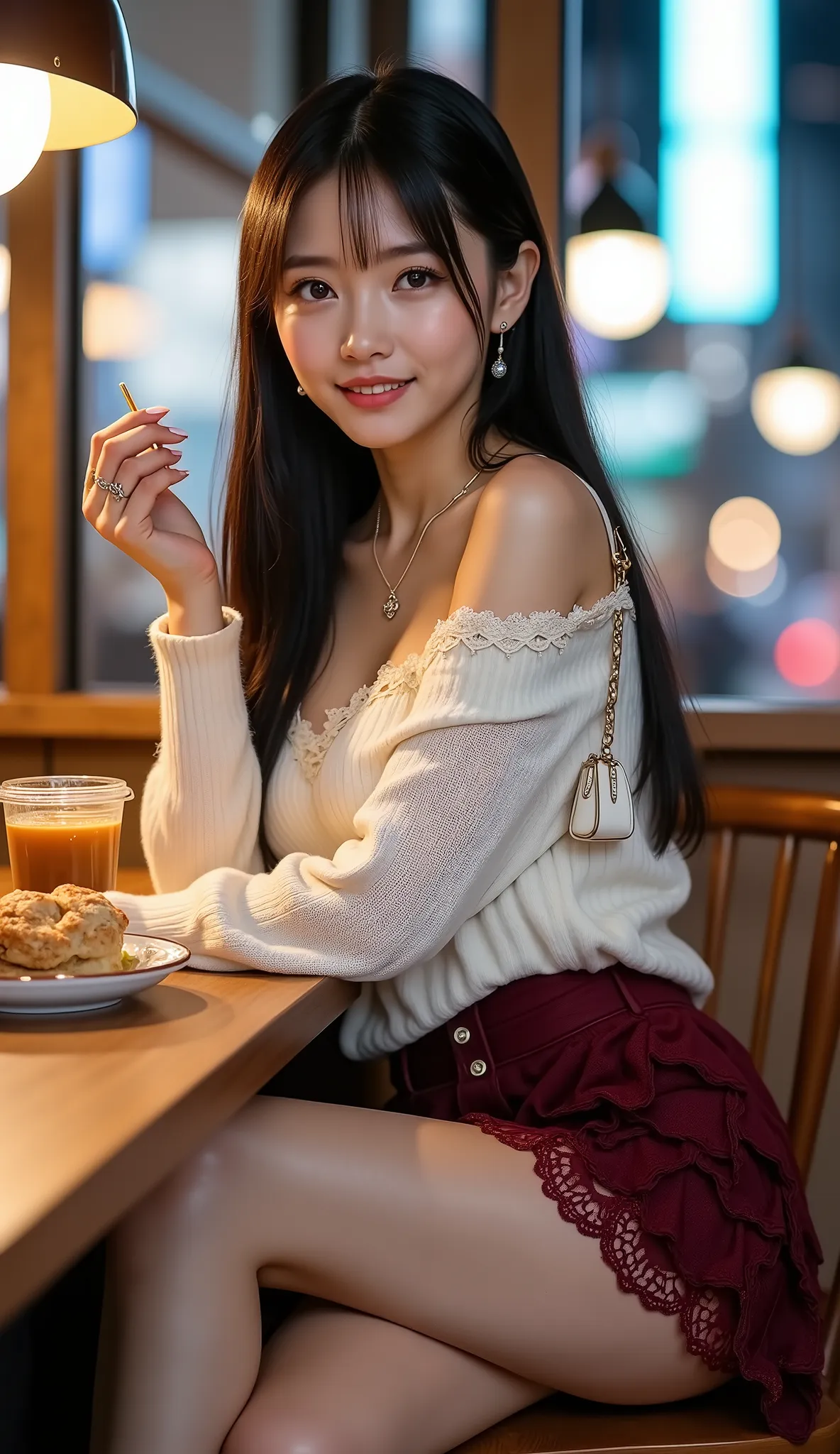 ((full body shot:1.5))、(petite young Japanese woman traveling)、Inside the coffee shop in front of the station、(It's dark outside the store because it's night:1.4)、The store is brightly lit、can see people coming and going with the taxi pool through the glas...