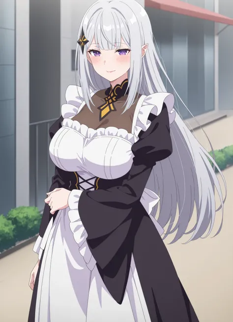 (Score_9, score_7:0.6), (masterpiece, best quality, good quality, newest:0.6) score_7_up, anime screencap, Solo, long dress, Satella, Anime, 1girl, Mature Female, pointy ears, hair ornament, blush, silver hair, long hair, closed mouth, light smirk, lips, p...