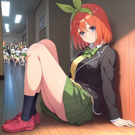 1girl,unwellness depressed y0tsuba, large breasts, orange hair, blue eyes, short hair, hair between eyes green bow hairband, black blazer, open blazer, yellow sweater vest, white collared shirt, bowtie, plaid bowtie, green skirt, pleated skirt,y0tsuba, ora...