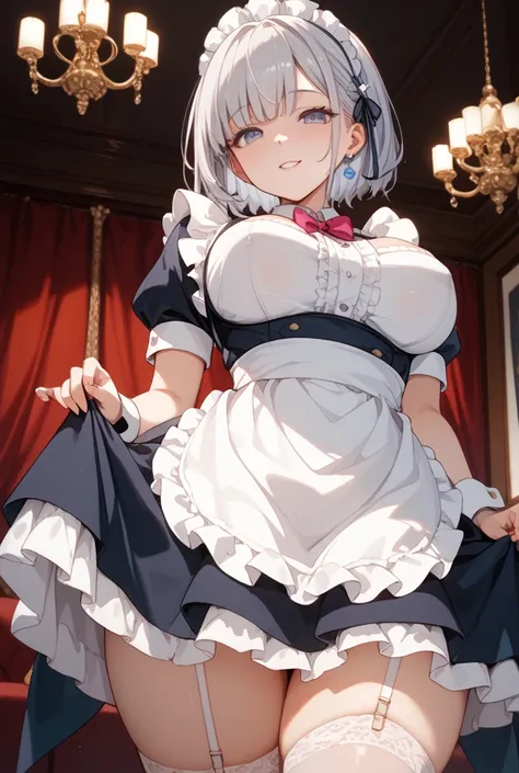  beautiful woman in her late s with sadist tools 。Short silver hair、Provocative Eyes。Healthy Fair Skin That Floats。Front lining、Maid Outfit。the curves of the body is emphasized。Big breasts、Big Ass、B110/W58/H100、Height: 175cm。spreads his legs wide、I'm holding up my skirt and standing down looking down。the background is the bedroom。The angle focuses on the lower body from directly below the skirt、looking up composition。Uncorrected。