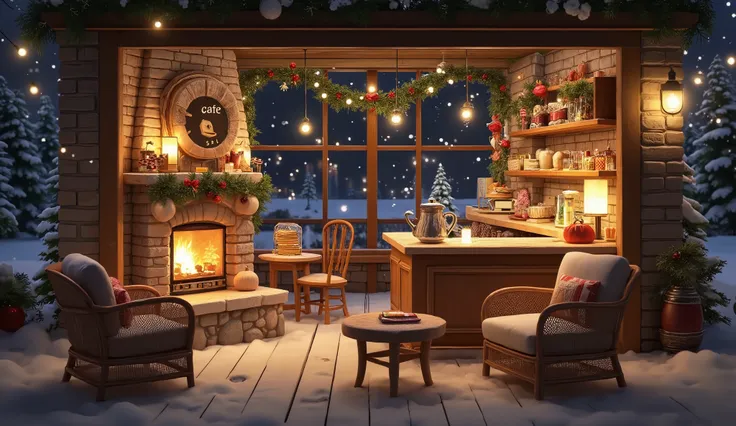A cozy mountain cabin porch at night , with rattan furniture with cushions, a small round table, a candle on a wooden side table, and a pumpkin on the deck. "Natural brick cafe figure, has a cozy glass window, with a winter view, surrounded by snow-covered...