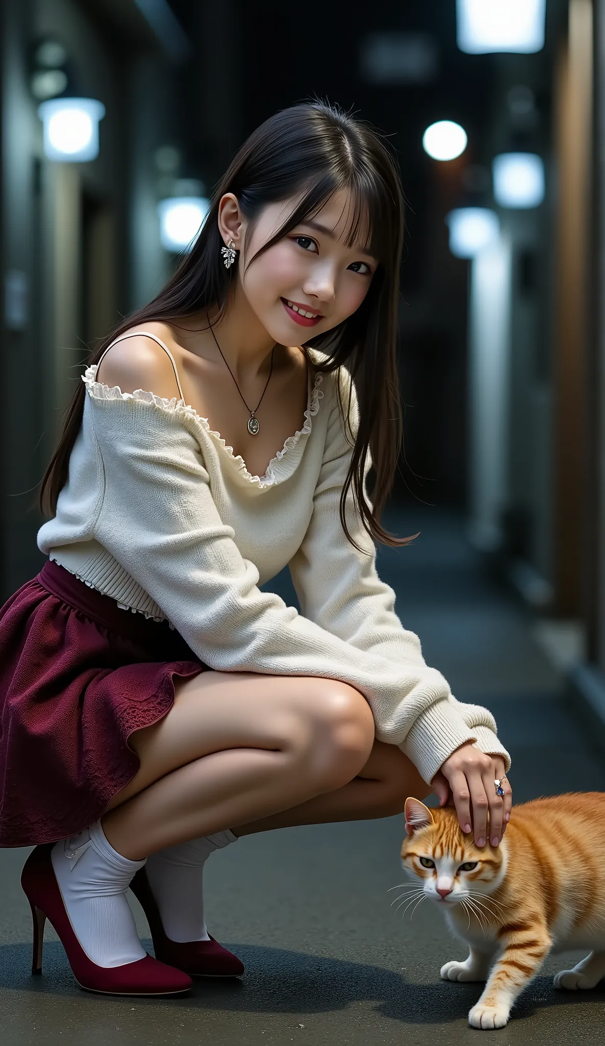 ((full body shot:1.5))、(petite young Japanese woman traveling)、Dim back alley at night 、(Dim street lights:1.4)、It looks like they are crouching and petting a stray cat's back、Side face looking at a cat with a smile、((dating))、((white off-shoulder knit swe...