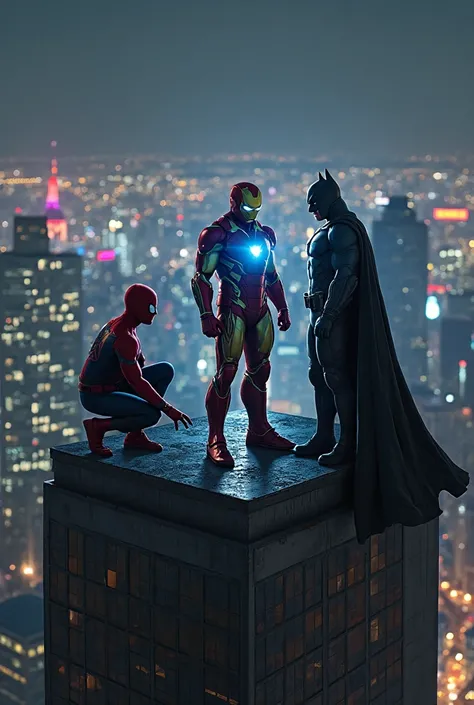 A cinematic night scene on top of a tall city skyscraper. Spider-Man crouches at the edge of the rooftop in a dynamic pose, his suit catching reflections from city lights. Iron Man stands confidently in the center, his arc reactor glowing brightly in the chestplate, casting a soft light on the others. Batman stands slightly in the shadows, his cape flowing in the wind, watching the city below. The skyline sparkles behind them, neon signs and skyscraper lights painting the night. A perfect contrast of light, shadow, and heroic presence.