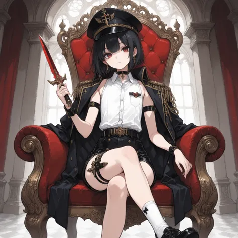 ((Best quality)), ((masterpieces)), (detailed), perfect face, SOLO, ((femboy)), tomgirl, ANIME, beautiful detailed eyes, BOB hair, BOBed hair, black hair, RED EYES, BARE thighs, (((BARE LEG))), ((BLACK short pants)), (((dress shirt))), ((Flat chest)), Chok...