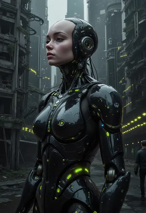 A beautiful female robot with a flawless human face and a futuristic black and silver mechanical body, glowing with green and blue energy lights. She stands amidst the ruins of a dystopian city, where crumbling skyscrapers and overgrown vegetation create a...