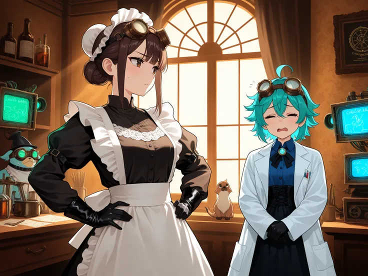 A highly detailed split-scene illustration showing two contrasting personas of the same woman: on the left side, a serene Victorian maid standing in a sunlit manor room, wearing a classic black and white frilled maid uniform with lace details, her hair nea...