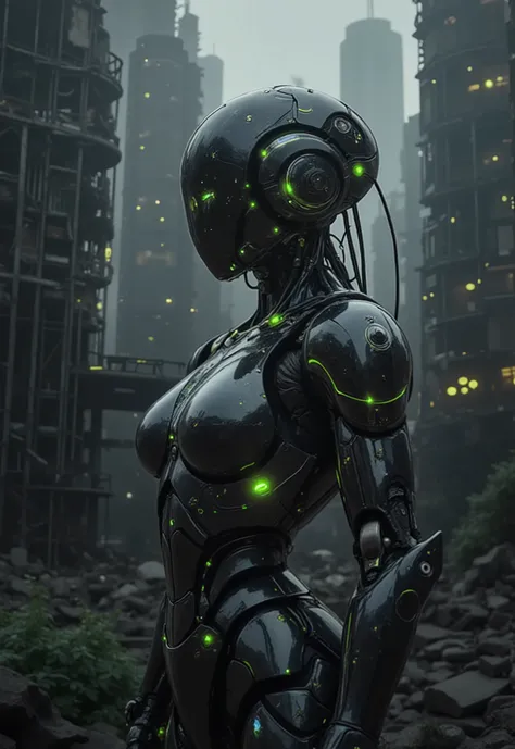 A beautiful female robot with a flawless human face and a futuristic black and silver mechanical body, glowing with green and blue energy lights. She stands amidst the ruins of a dystopian city, where crumbling skyscrapers and overgrown vegetation create a...