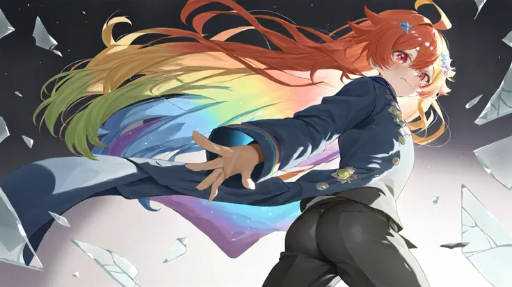((fantasy shot with Nikon Z7 II mirrorless camera rainbow hair Please make your hair color rainbow from the inside long hair dull red eyes Get the galaxy uniform Wear a Coat Without Putting Your Arms Through lonely despair)) ((tears Butt Under Pants)) (br...