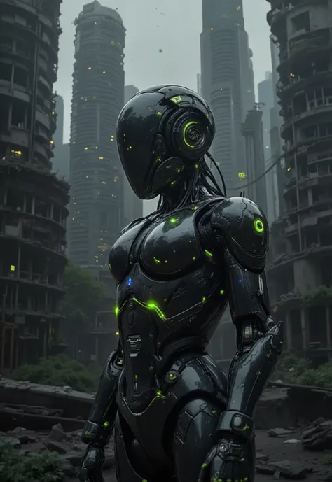 A beautiful female robot with a flawless human face and a futuristic black and silver mechanical body, glowing with green and blue energy lights. She stands amidst the ruins of a dystopian city, where crumbling skyscrapers and overgrown vegetation create a...