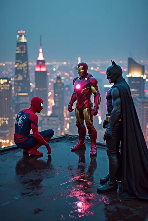 Top quality, masterpiece, iPhone camera-style landscape photography, vibrant colors, blue skies, natural light, sharp details, wide-angle perspective, evening,
top of a tall city skyscraper. Spider-Man crouches at the edge of the rooftop in a dynamic pose, his suit catching reflections from city lights. Iron Man stands confidently in the center, his arc reactor glowing brightly in the chestplate, casting a soft light on the others. Batman stands slightly in the shadows, his cape flowing in the wind, watching the city below. The skyline sparkles behind them, neon signs and skyscraper lights painting the night. A perfect contrast of light, shadow, and heroic presence.
