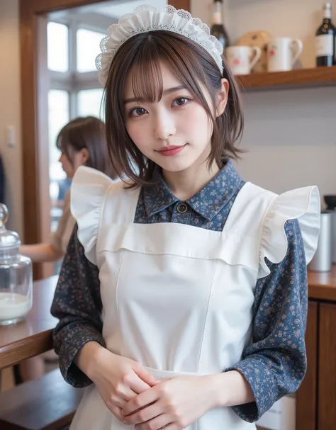 白いMaid Outfit、(Highest Quality、Table Top、8k、best image quality、超A high resolution:1.5, (Photorealistic:1.4),masterpiece:1.2,(top-quality:1.4)、Raw photo)、Woman working at a cafe、Maid Outfit、Maid Outfitを着たcafe clerk、(highlight your body line:1.1)、Portrait o...