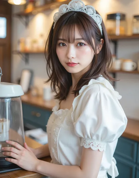 白いMaid Outfit、(Highest Quality、Table Top、8k、best image quality、超A high resolution:1.5, (Photorealistic:1.4),masterpiece:1.2,(top-quality:1.4)、Raw photo)、Woman working at a cafe、Maid Outfit、Maid Outfitを着たcafe clerk、(highlight your body line:1.1)、Portrait o...