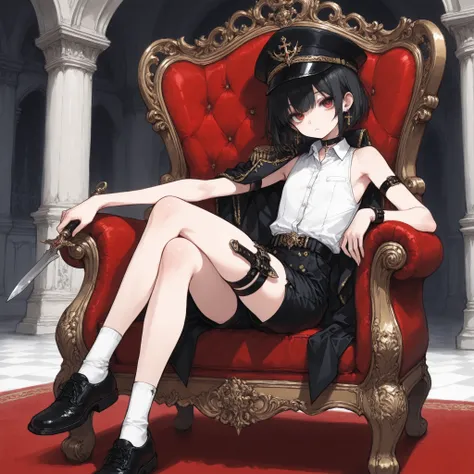 ((Best quality)), ((masterpieces)), (detailed), perfect face, SOLO, ((femboy)), tomgirl, ANIME, beautiful detailed eyes, BOB hair, BOBed hair, black hair, RED EYES, BARE thighs, (((BARE LEG))), ((BLACK short pants)), (((dress shirt))), ((Flat chest)), Chok...