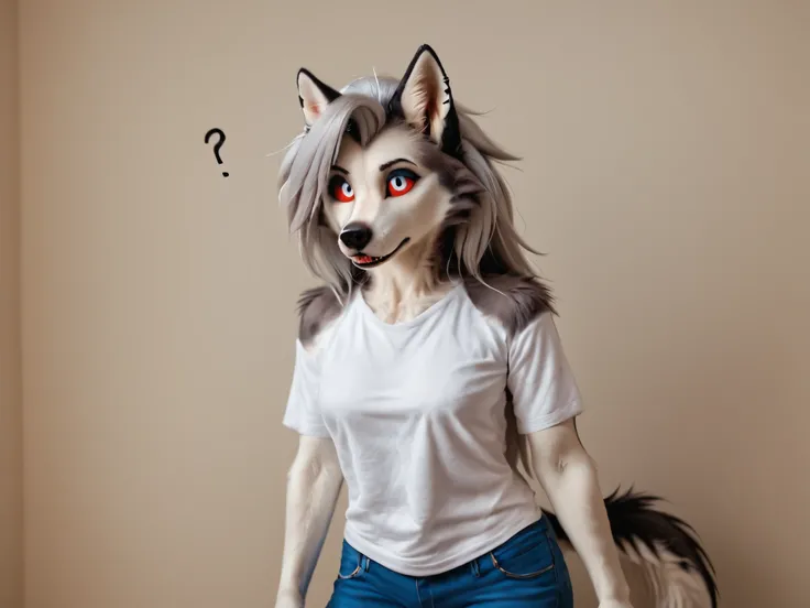 Loona, furry, fluffy tail, solo, wearing (white t-shirt, denim jacket, jeans), expression (misunderstanding, question), throws up her hands questioningly, look at viwer, simple background, low-range shot, ultrahigh details, ultra-realistic photo, details, ...