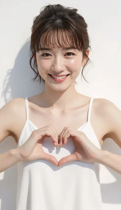 masterpiece, best quality, artwork, high resolution, super precise, ultra-fine in 8K, photorealist, extremely detailed, photo, extremely aesthetic, one girl, Japanese young girl, wearing an attractive camisole and shape your hands in front of your chest in...