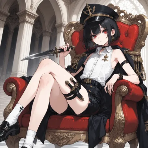 ((Best quality)), ((masterpieces)), (detailed), perfect face, SOLO, ((femboy)), tomgirl, ANIME, beautiful detailed eyes, BOB hair, BOBed hair, black hair, RED EYES, BARE thighs, (((BARE LEG))), ((BLACK short pants)), (((dress shirt))), ((Flat chest)), Chok...