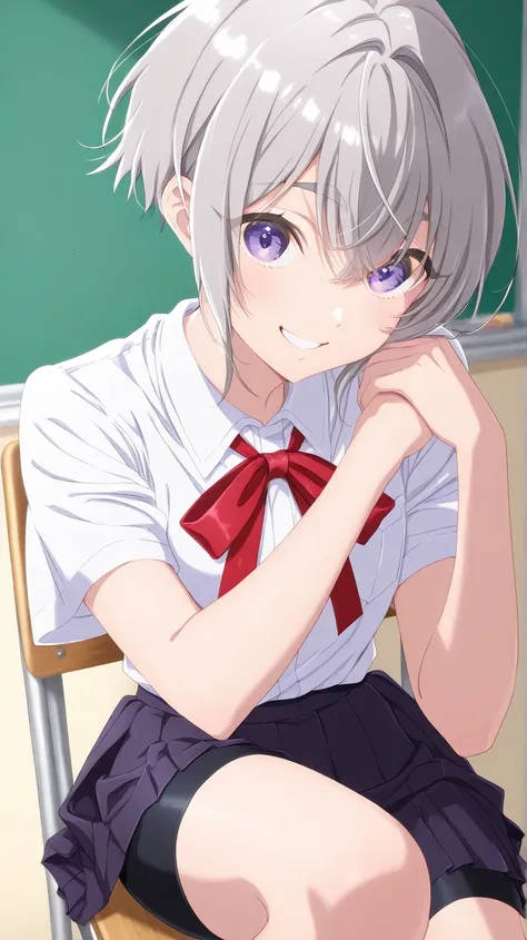 Yuki Suto、solo、short hair、gray hair close to cream、side lock、purple eyes、uniform、white shirt、Short sleeve、Pleated Skirt、Red Ribbon、neck bow、black shorts、shorts under the skirt、Smiling、classroom、Sit on a chair
