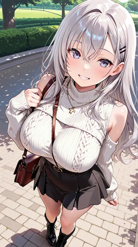 ((masterpiece)),(best quality),(ultra detailed),(highes), (insanely detailed),
Highest image quality、super detailed、8K、high quality image quality、 anime image quality、soft lighting、vibrant colors、Glossy skin、detailed skin texture、silver hair long hair、Shoe Details 、

Walking in the park、white knit、black knee-length skirt、black short boots、frontal composition、Smiling、((The shoulder bag string is sandwiched between the chest on the knit))、