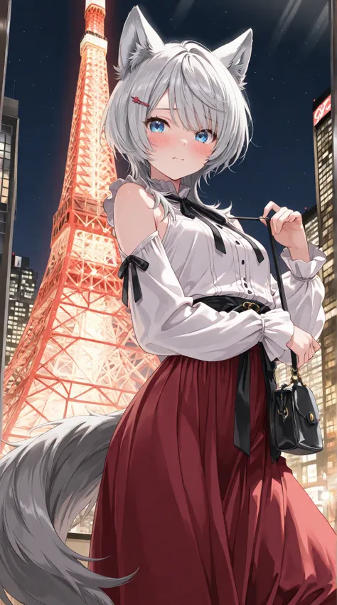 ((masterpiece)), (( Highest Quality)), (( Nothing)), 、8k、((   Detailed Explanation  )),  female silhouette ((Wolf Ears、Wolf Tail、gray hair、wolf cut、blue eyes、Japanese and Western Style Eclectic Outfit、white sleeveless top Japanese style、Detachable White Long Sleeve、Red and Black Long Skirt、black ribbon、one hairpin))Light Shining in the Night Sky、、 Skyscraper 、Tokyo Tower、 upward angle、shy、Blush、front、Standing at the meeting place、 hair straightening 、A small bag in my hand、skirt swaying in the wind
