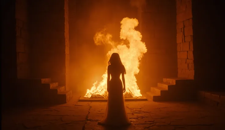 1950s, Image is a cinematic still with a dark, atmospheric style, featuring a dimly lit scene. The layout is horizontal, with a central focus on a Cleopatra standing with their back to the camera, facing a large, bright fire. The setting appears to be an ...