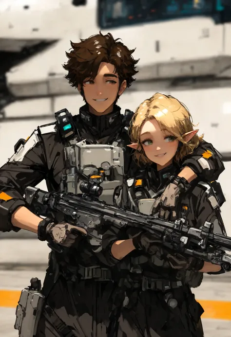 depth of field, high definition image, a lot of details,capa negra,military airport ,Many soldiers around the movement,futuristic helicopter peeking out of the heliport blades with motion detour,military base,all armed with guns and guturistic rifles vests...