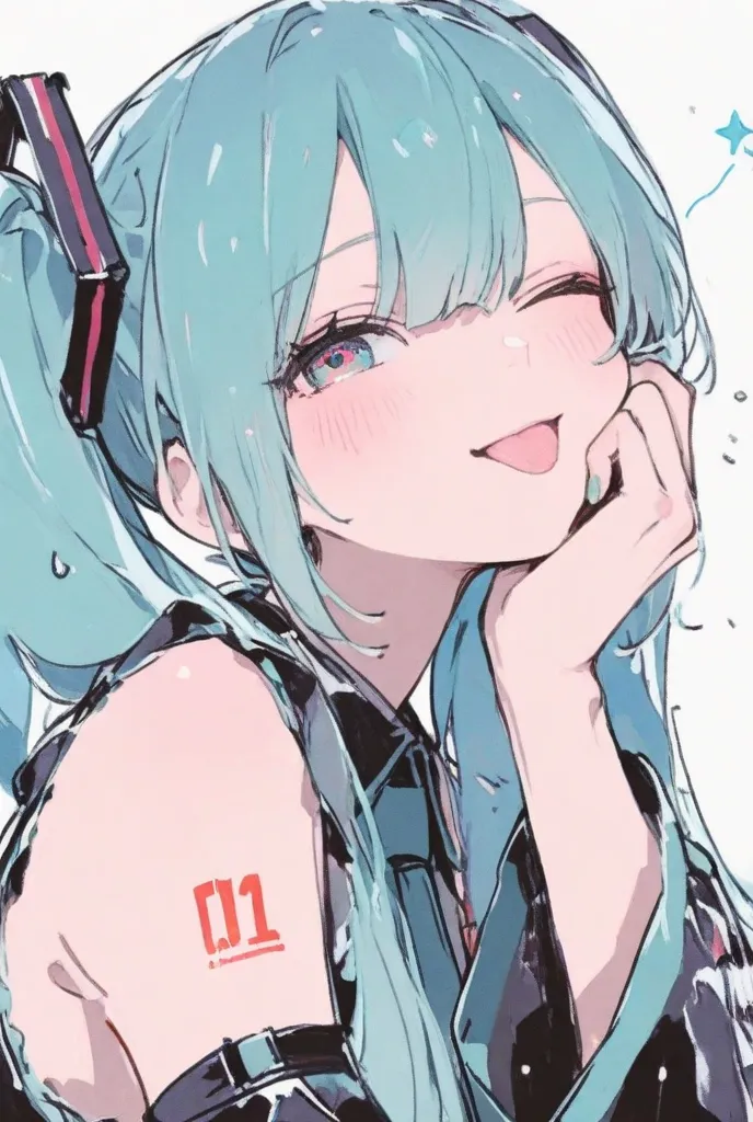 Hatsune Miku、Zoom on face、Put your hand on your cheek, piece、wink、Close your mouth and flush your tongue、beautiful woman、masterpiece、cool、Non-sexual