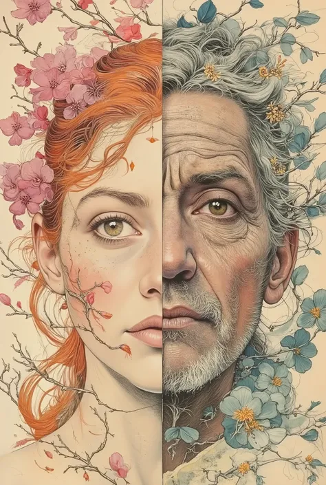 A surreal portrait where the face is both young and ancient: one half is a young, delicate girl, radiant with the skin of youth, with bright eyes and vibrant colors, the other is an old woman, withered, covered with deep wrinkles, like ancient parchment, w...