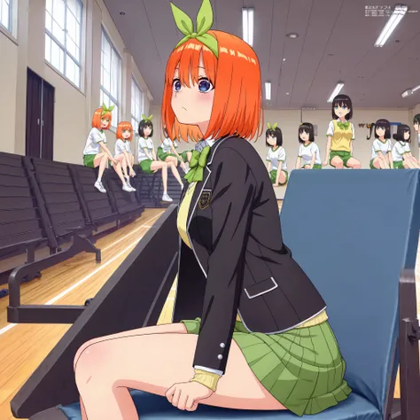 1girl, y0tsuba, large breasts, orange hair, blue eyes, short hair, hair between eyes green bow hairband, black blazer, open blazer, yellow sweater vest, white collared shirt, bowtie, plaid bowtie, green skirt, pleated skirt,sitting on the floor grasping on...