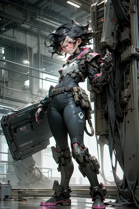full body, front, front view, front view of girl, young female tactician inspired by K-pop idols, age look, wearing futuristic candy-tech armor with semi-rigid plating and neon blue lines, berry purple and deep gray color scheme, short sleek hair, wearing ...