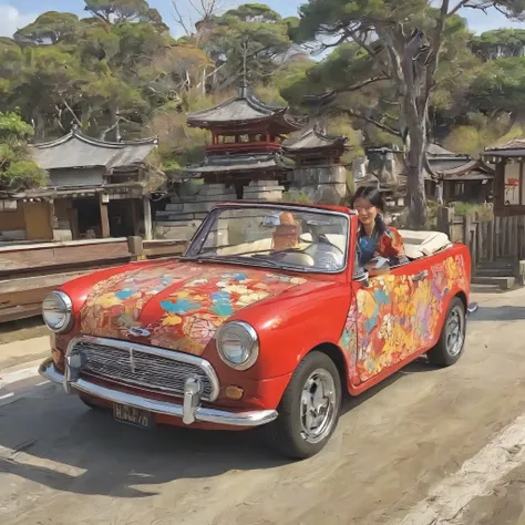 Girl Riding a Retro Red Convertible Car、Rover Mini Convertible、Convertible Car Design with Traditional Japanese Patterns、Beautiful Girl Wearing a Japanese Patterned Kimono、Traditional Japanese Art、Kimono-like Japanese、Japanese、Shangri-La、pop art、psychedeli...