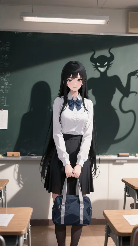 Beautiful and seductive female student, solo, (incredible high resolution, masterpiece, top quality, highly detailed, CG, high quality anime drawing), (school uniform, long straight black hair, half-open droopy eyes, holding a school bag, seductive smile, mysterious atmosphere,), (classroom, self-introduction in front of the classroom, the female shadow reflected on the blackboard is in the shape of a succubus, the shadow reflected on the blackboard is smiling seductively),