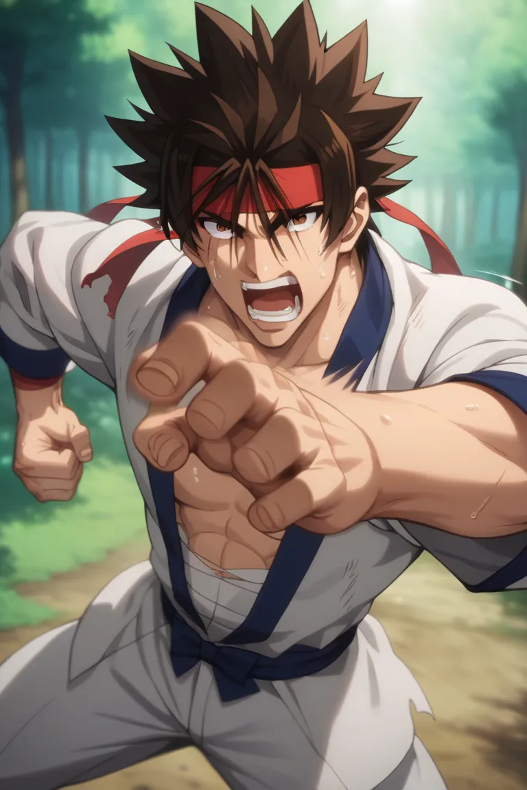(masterpiece:1.2), best quality, Rurouni Kenshin, Sagara Sanosuke, a man, solo, full shot, brown hair, brown eyes, headband, spiked hair, dynamic pose, incredibly powerful punch, striking a huge rock with bare hands from above, the rock is shattering into countless particles, conveying immense impact, fast punch, motion blur on the punch, furious expression, yelling, screaming, sweat dripping, bruises and scars all over his body, in a secluded mountain forest, by a small stream, anime style, highly detailed, expressive eyes, dramatic lighting, intense atmosphere