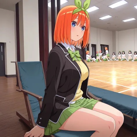 1girl, y0tsuba, large breasts, orange hair, blue eyes, short hair, hair between eyes green bow hairband, black blazer, open blazer, yellow sweater vest, white collared shirt, bowtie, plaid bowtie, green skirt, pleated skirt,sitting on the floor grasping on...