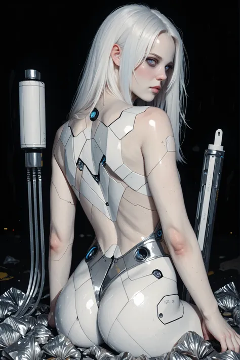 Masterpiece, BEST QUALITY, amazing quality, Very beautiful, High Resolution, super detailed, ridiculous results, Newest, landscape, Semi-realistic, A futuristic cyberpunk girl,Have white hair, View from behind. Half Body, naked, from behind, She looks back...