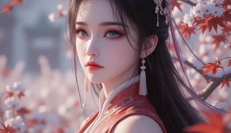 Chinese Fairy Tales character, extremely details, high detailed face, mature woman, cool beauty, living expressions, (cold gaze, cold eyes, aqua eyes), expressionless, (black hair), highlight, high ponytail, shiny silky, long hair, tassel earrings, Hair tu...