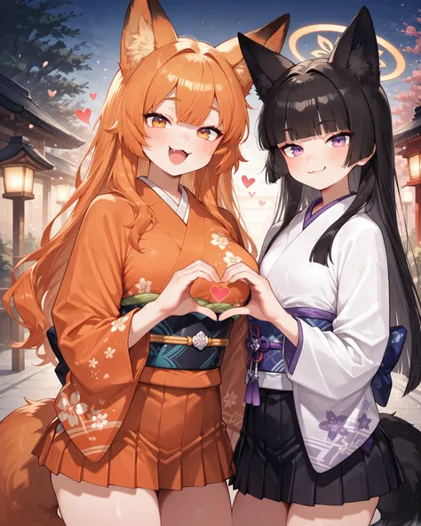 (2girls),(duo1:6),yuri,couple,beautiful face,長いまつ毛,1人目はStanding on the left side,fox ear,(flat chest1:4),,hime cut  long hair,princess cut hair, 。2人目は、Standing on the right side,orange color fox ear,gigantic  breasts,(前髪のある orange color long hair1:4),ultra...