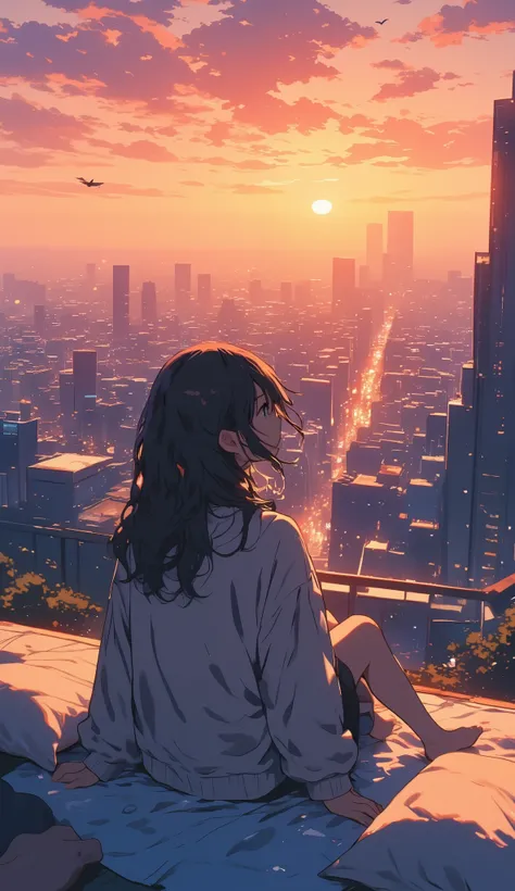 Anime-style cozy scene of a young woman sitting on the rooftop of a tall city building during sunset, facing away from the viewer. She is wearing an oversized sweater, her hands resting on the ground beside her, and her hair gently swaying in the breeze. S...