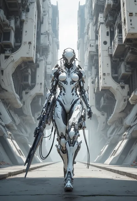 A futuristic figure in armor walks in the middle of a complex architectural urban landscape. The figure, apparently a cyborg warrior or operative, is clad in intricate white ceramic armor, displaying detailed plating. The design of the armor is complex and...