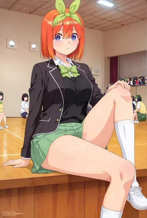 1girl, y0tsuba, large breasts, orange hair, blue eyes, short hair, hair between eyes green bow hairband, black blazer, open blazer, yellow sweater vest, white collared shirt, bowtie, plaid bowtie, green skirt, pleated skirt,y0tsuba, orange hair, blue eyes,...
